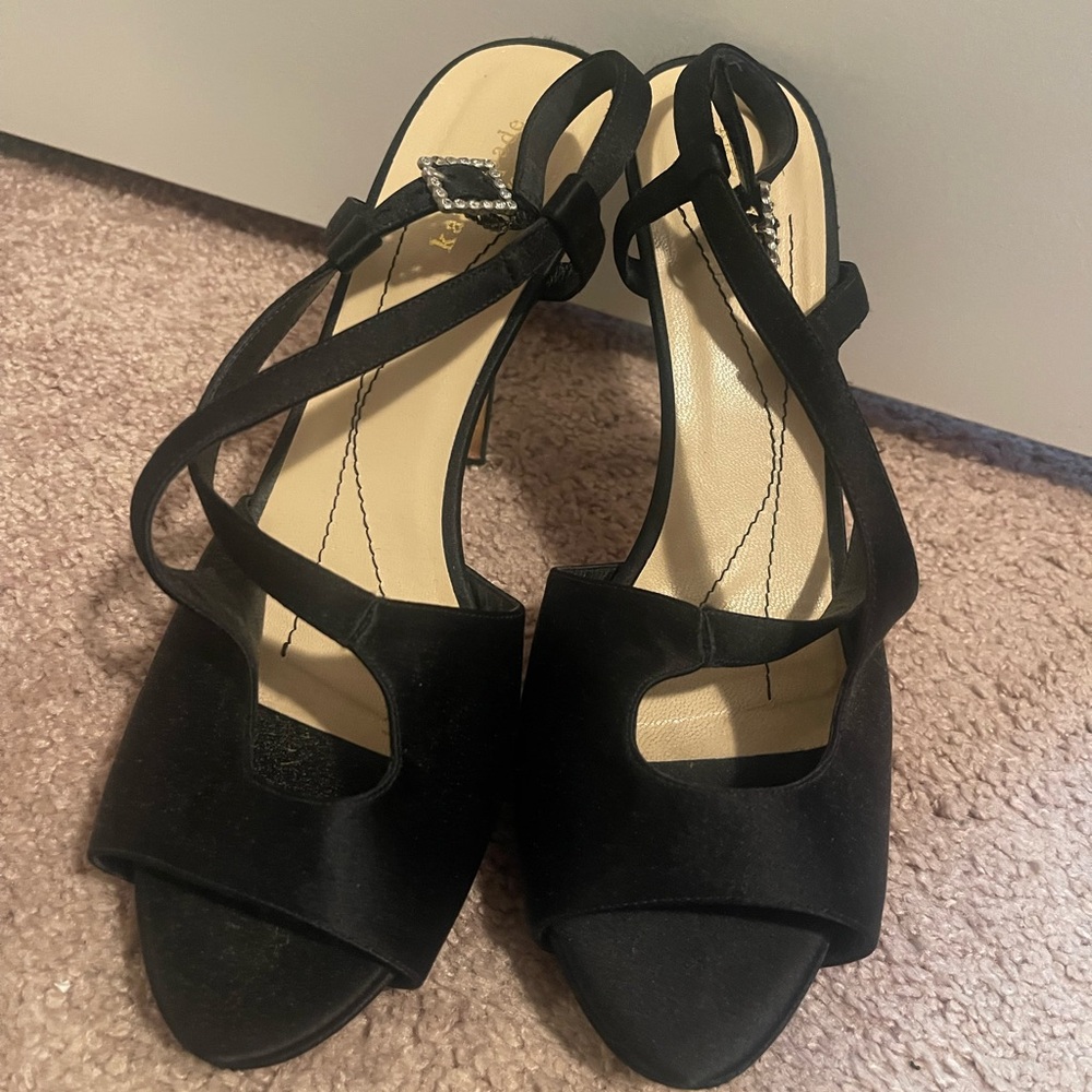 Kate Spade Black Satin Rhinestone Buckle Peep Toe Slingback Sandals Shoes 10.0.